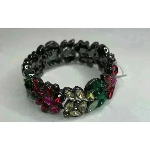 J.Crew Crystal Leaf Cluster Multicolor Stone Stretch Bracelet Gunmetal Elegant - Picture 4 of 5